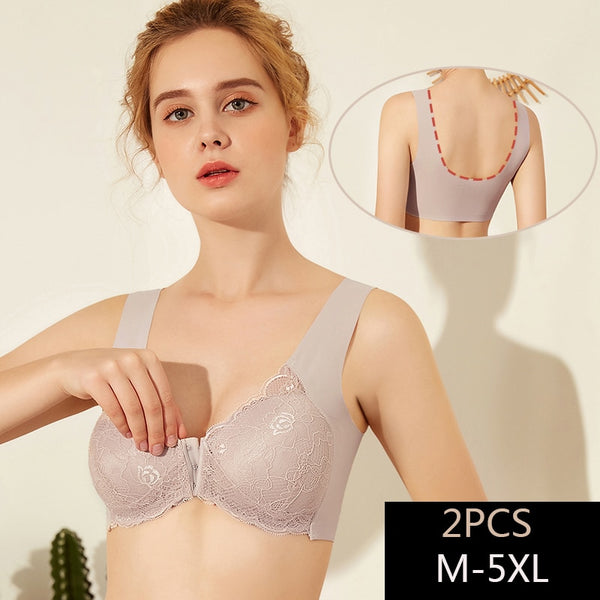 2PCS Sexy Front Closure Bralette Lace Plus Size Bra Push Up Underwear Crop Top M-5XL Seamless Brassiere Female Lingerie