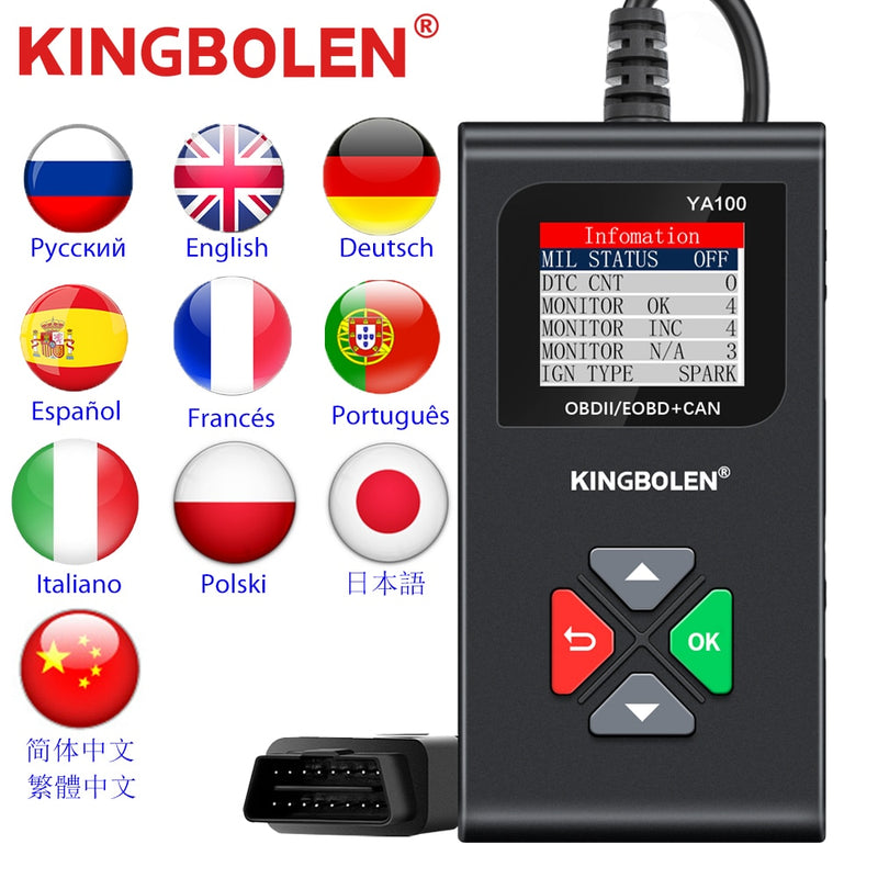KINGBOLEN YA100 OBD2 Scanner Car Auto Diagnostic Tools Obd Code Reader Check Engine Russian Lifetime Free PK ELM327 LAUNCH 3001