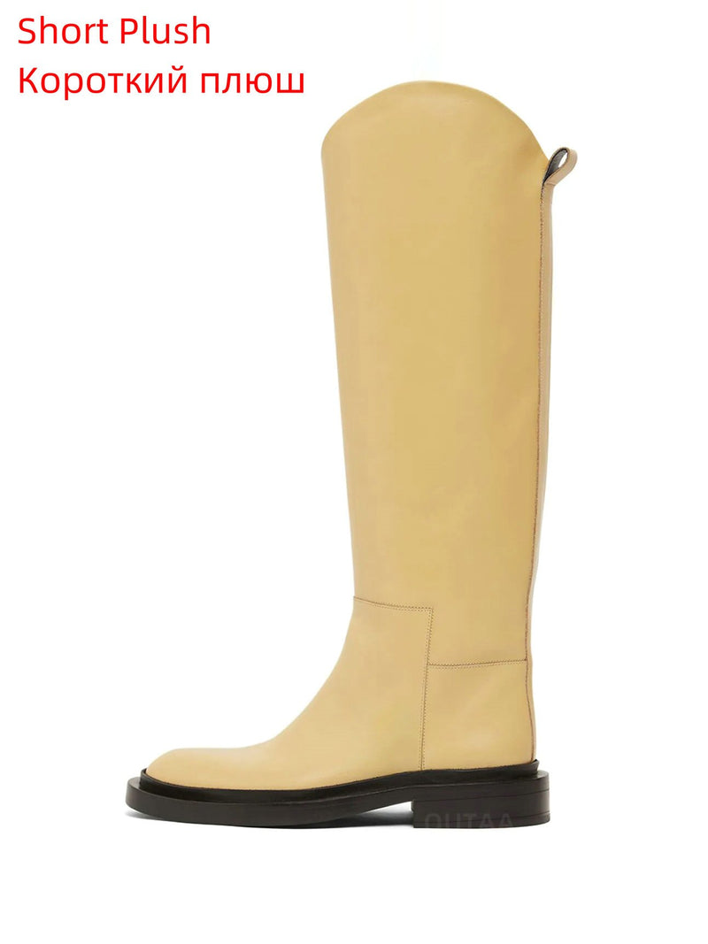 QUTAA 2023 Ins Brand Women Genuine Leather Knee High Boots Low Heel Motorcycle Warm Long Boots Woman Shoes Black Size 34-42