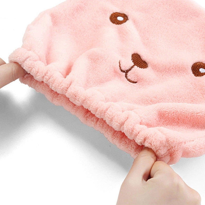 Children Cute Bear Bathing Drying Towel Head Wrap Soft Cotton Microfiber Quickly Dry Hair Elastic Hat Hair Turban For Girl