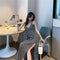 New Solid Black Dress with Suspender Sexy Gentle V-Neck Retro Long Dresses with Side Slit Beach Party 2022 Summer New Clothes