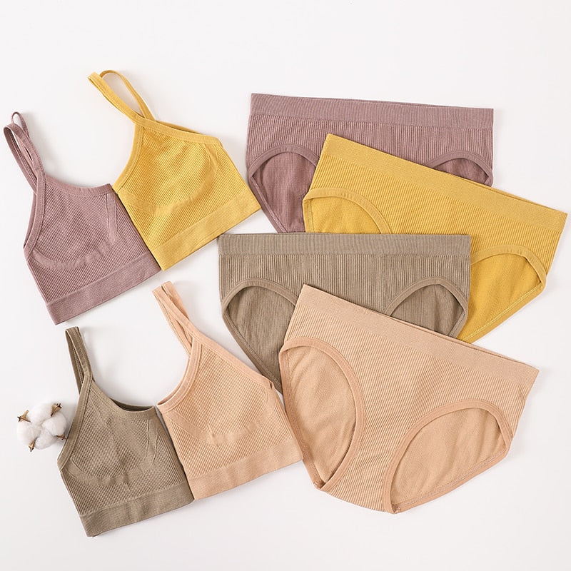 Seamless Women Bra Briefs Set Push Up Bra Crop Top High Waist Panties Sexy Lingerie Set Low Back Bralette Fitness Underwear Set