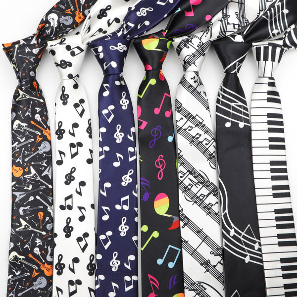 Classic Fashion Men&#39;s Skinny Tie Colorful Musical Notes Printed Piano Guitar Polyester 5cm Width Necktie Party Gift Accessory
