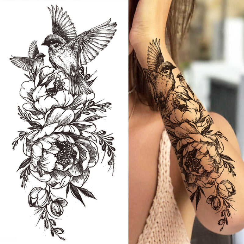 Death Skull Flower Temporary Tattoo For Women Girls Snake Bird Peony Tattoo Sticker Black Fake Blossom Sexy Tatoo Transfer Adult