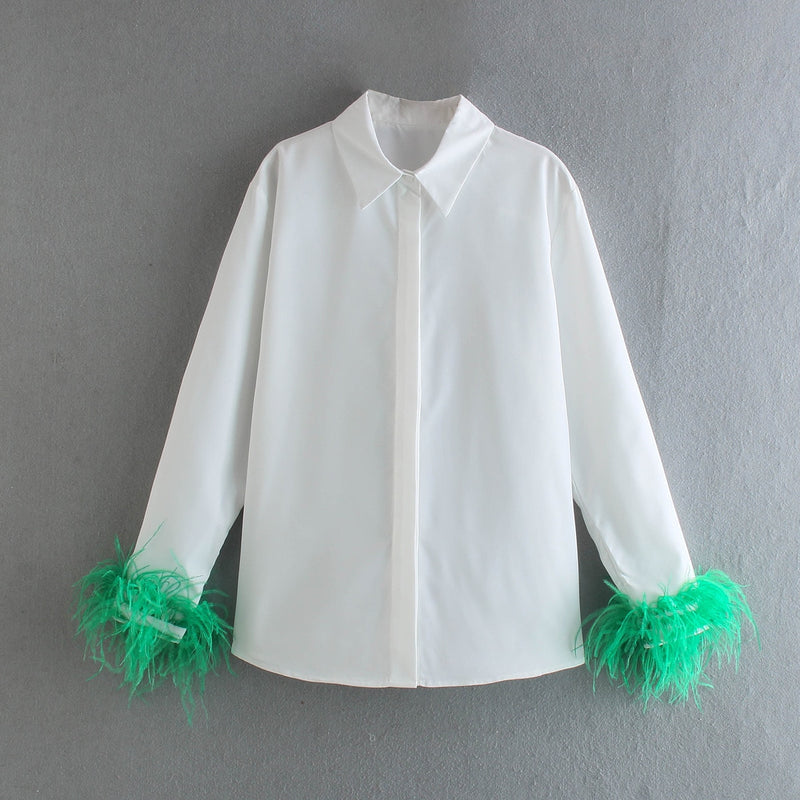 Green Feathers on the Cuffs Womens Blouses Long Sleeves Women&#39;s Clothing White Elegant Female Blouses Tops Shirts for Women Top