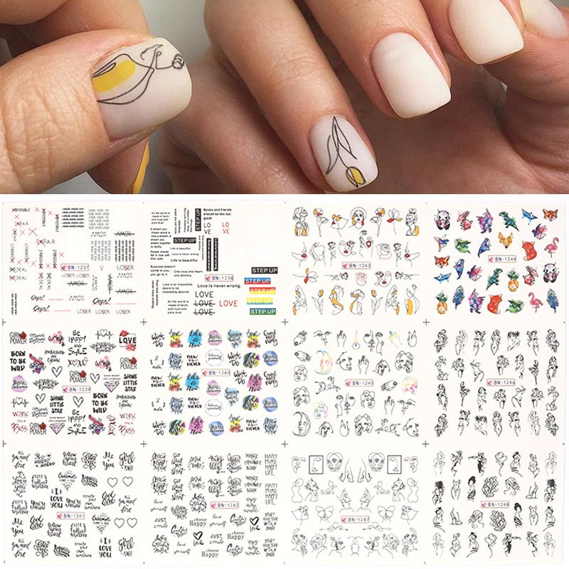 12 Designs Nail Stickers Set Mixed Floral Geometric Nail Art Water Transfer Decals Sliders Flower Leaves Manicures Decoration