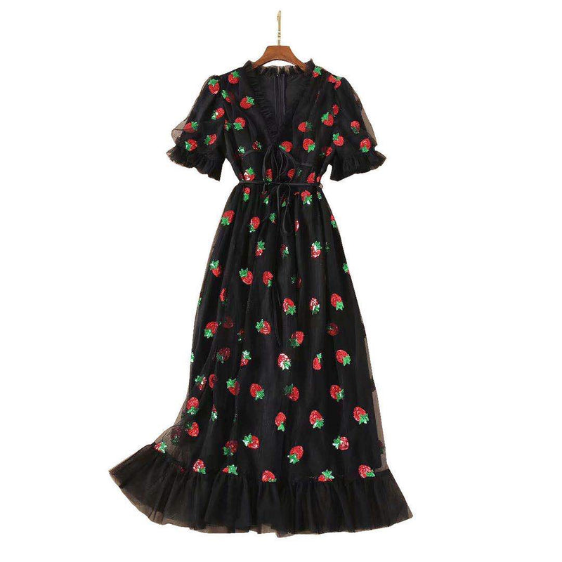 ISAROSE 2022 Strawberry Dress Women Deep V Puff Sleeve Sweet Voile Mesh Sequins Embroidery French Party Dresses 4XL 5XL