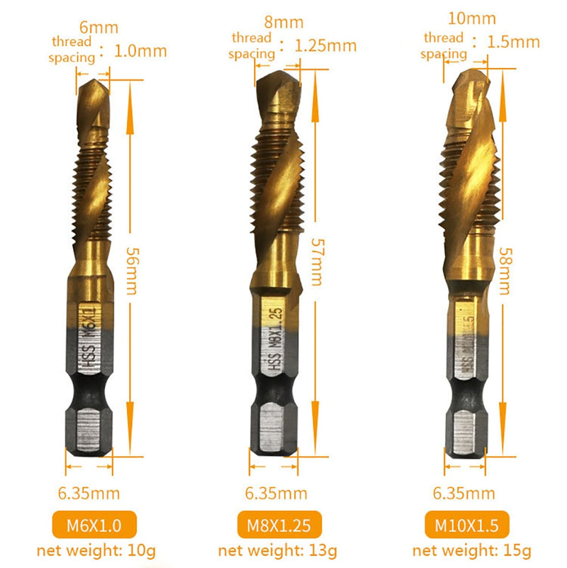 6Pcs M3-M10 Hex Shank Titanium Plated HSS Screw Thread Metric Tap Drill Bits Screw Machine Compound Thread Hand Tools