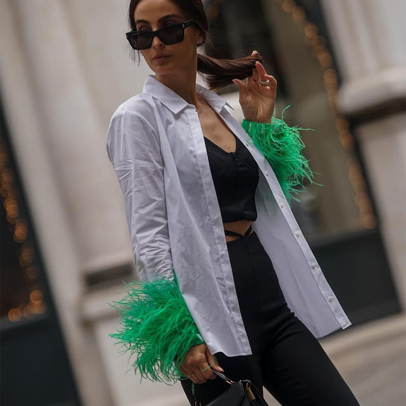 Green Feathers on the Cuffs Womens Blouses Long Sleeves Women&