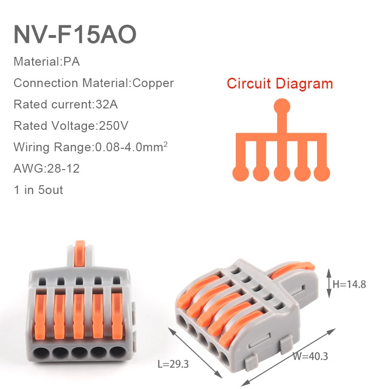 1 Input 2/3/4/5 Output Splitter Quick Spring Splicing Wire Connector Electric Cable Terminal Block Push In With Operation Lever