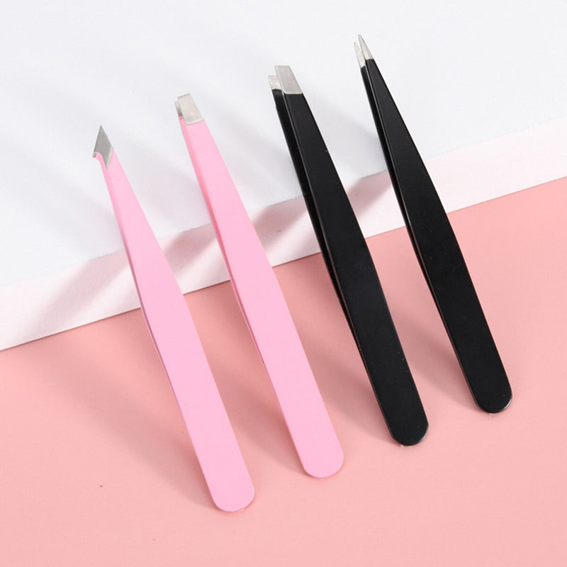 Hair Removal Tweezers Stainless Steel Eyebrow Tweezers Pink Slanted Black Tip Point Face Harmless Makeup Beauty Tool Black/Pink