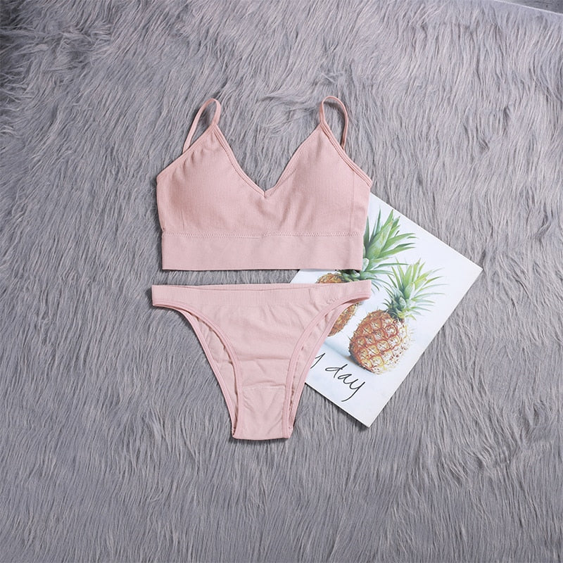 ATHVOTAR 2PCS Bra Sets Seamless Underwear Set Ribbed Bra Top Low-Waist Women Panties Female Bralette Lingerie New
