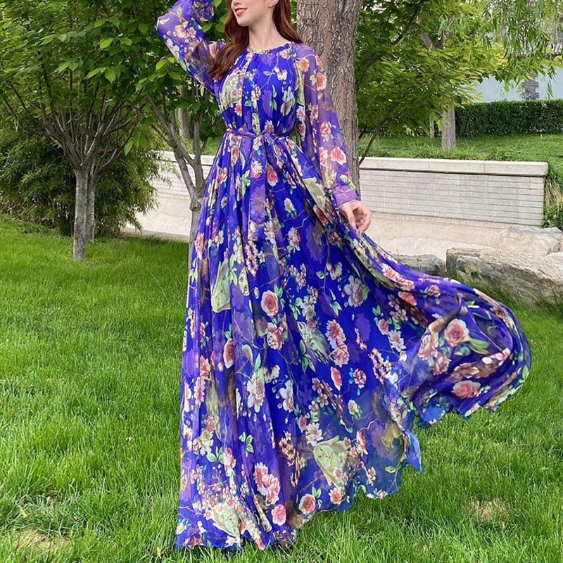Maxi Dress Floral Printed  Loose Chiffon Fashion Abaya Islamic Clothes Muslim Female Saudi Arabia Dubai Kaftan Long Dress Summer