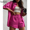 Sampic Loung Wear Tracksuit Women Shorts Set Stripe Long Sleeve Shirt Tops And Waist Loose High Mini Shorts Two Piece Sets 2021