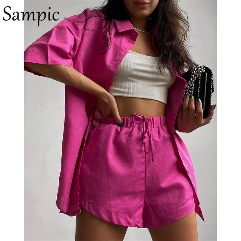 Sampic Loung Wear Tracksuit Women Shorts Set Stripe Long Sleeve Shirt Tops And Waist Loose High Mini Shorts Two Piece Sets 2021