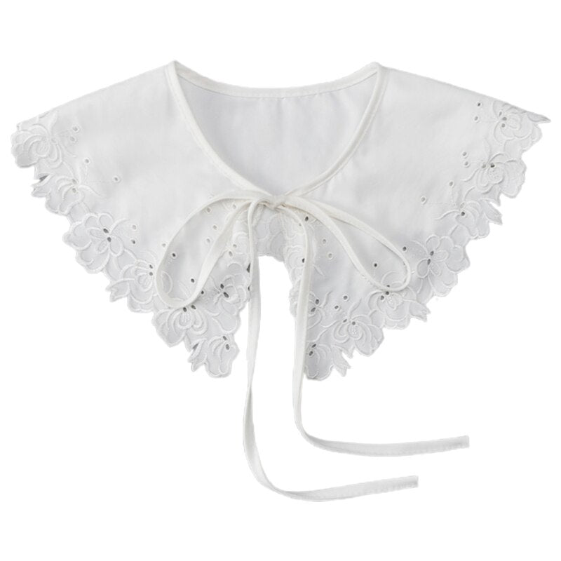 Royal Style Cotton Fake Collar Shawl Wrap Hollow Out Floral Lace Ruffled Trim Necklace Pointed Triangle Lapel Blouse