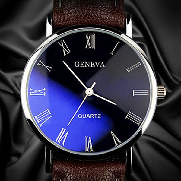 Men Watch Roman Numerals Blu-Ray Faux Leather Band Quartz Analog Business WristWatch