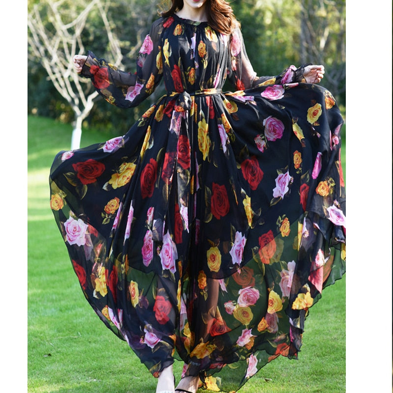 Maxi Dress Floral Printed  Loose Chiffon Fashion Abaya Islamic Clothes Muslim Female Saudi Arabia Dubai Kaftan Long Dress Summer