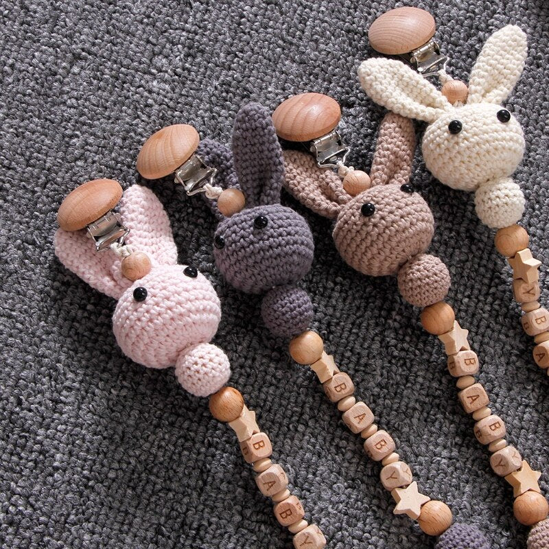 1pc Crochet Bunny Baby Pacifier Clip Chain BPA Free Wooden Beads Appease Soother Chain Clips Newborn Dummy Holder Nipple Clip