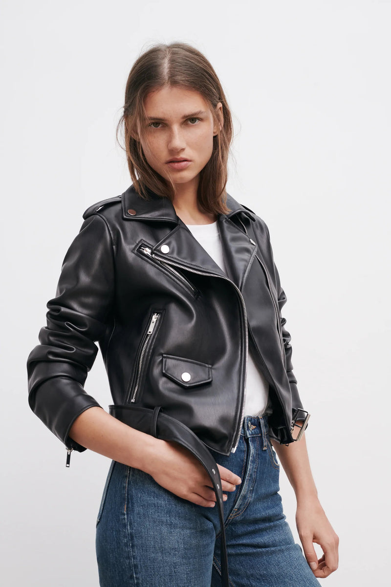 Spring and Autumn 2022 belt detachable epaulet motorcycle jacket leather jacket