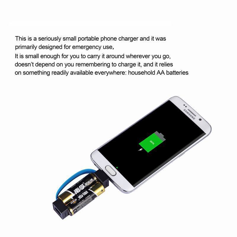 Portable emergency phone charger powered by 2pcs AA batteries with Micro USB/ USB-C/ lighting connectors for universal phone