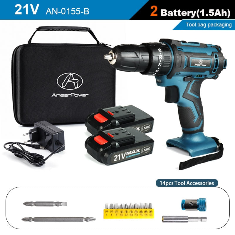 2 Speed Cordless Impact Drill 21V Electric Screwdriver Home Mini 1500 Mah 18650 Lithium Battery Wireless Rechargeable Hand Drill