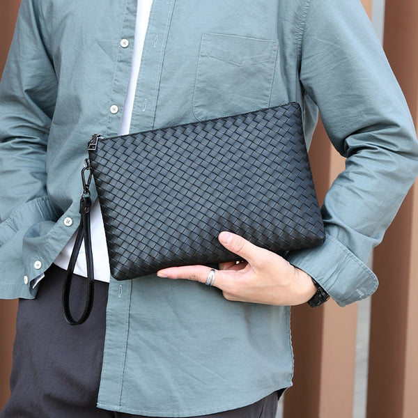 Fashion Leather Men&#39;s Clutch Bag Handbag Brand Woven PU Leather Bag Classic Black Large Capacity Envelope Bag 2021 New Wallet