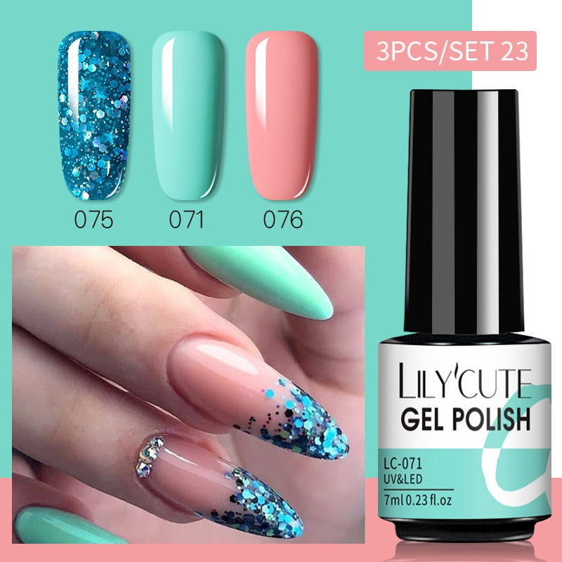 LILYCUTE 3 PCS Gel Nail Polish Set Nude Pink Glitter Sequins Matte Effect Gel Long Lasting Base Top Coat Nail Art Design Hybrid