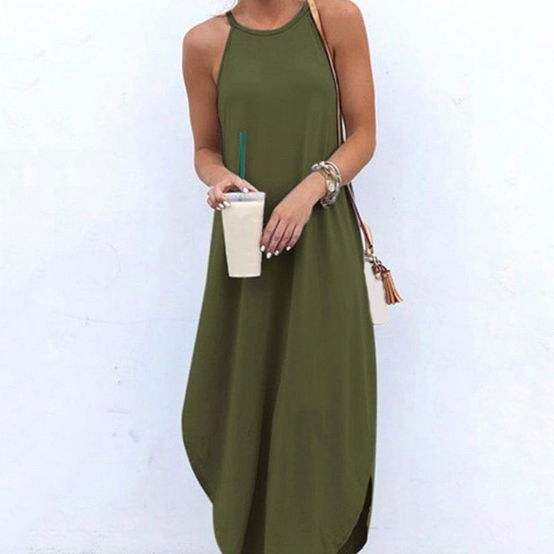 Women Dress Summer 2021 Casual Sleeveless Retro Halter Solid Beach Long Dress Round Neck Sling Fashion Beach Clothes Plus Size