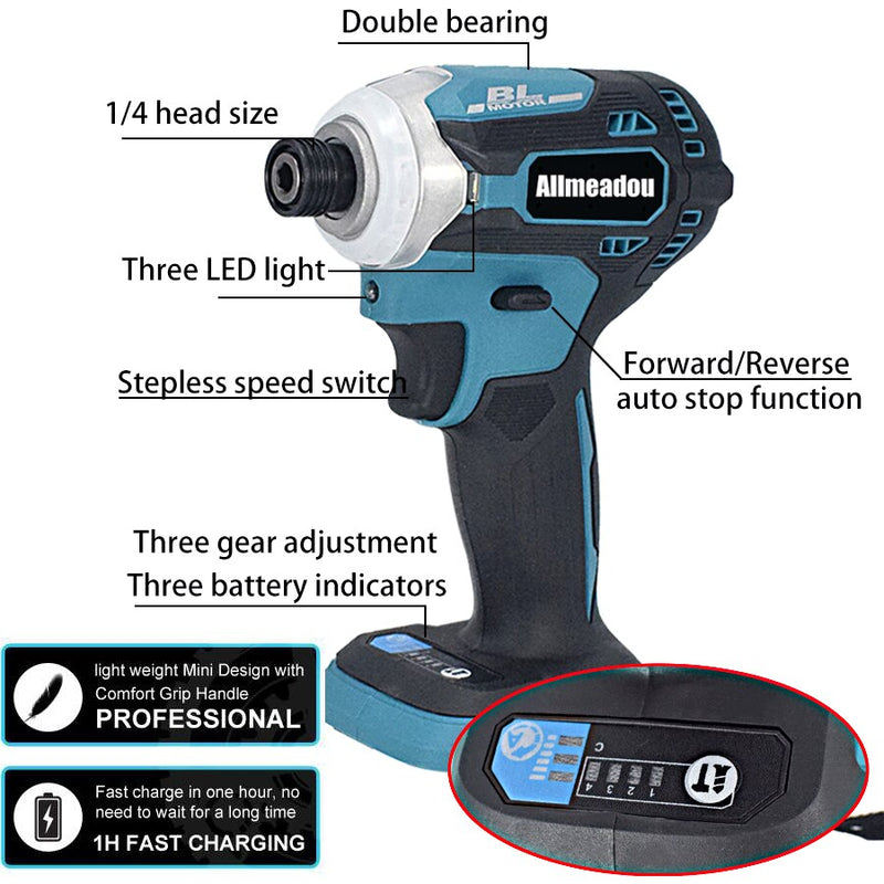Brushless Cordless Rechargable Electric Screwdriver Impact Wrench High-speed Drill Driver+ 3 LED Light For Makita Battery