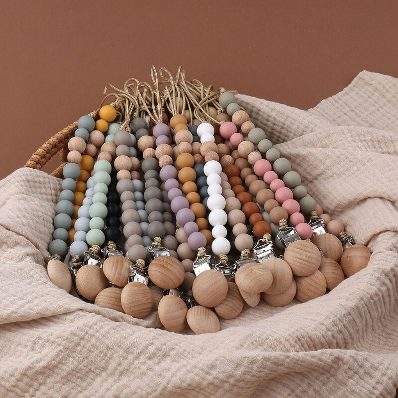 Baby Pacifier Clips Silicone Beads Wooden Ring Pacifier Chain Infant Nipple Appease Soother Chain Clips Dummy Holder Nipple Clip