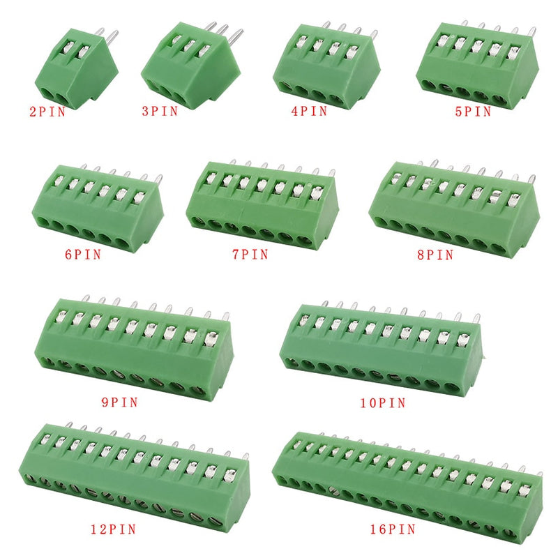 2.54mm/0.1&quot; Pitch PCB Screw Terminal Block Connector 2P 3P 4P 5P 6P 7P 8P 9P 10P 12P 16Pin Terminals 150V 6A for 26-18AWG Cable