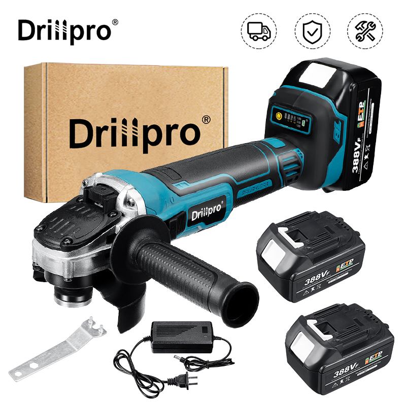 Drillpro 125mm Rechargable Electric Angle Grinder Grinding Cordless 388VF Brushless Power Tools Machine For Makita 18V Battery