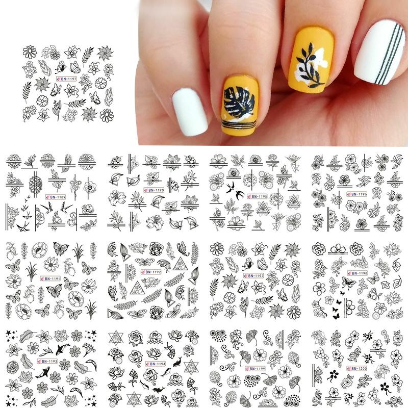 12 Designs Nail Stickers Set Mixed Floral Geometric Nail Art Water Transfer Decals Sliders Flower Leaves Manicures Decoration