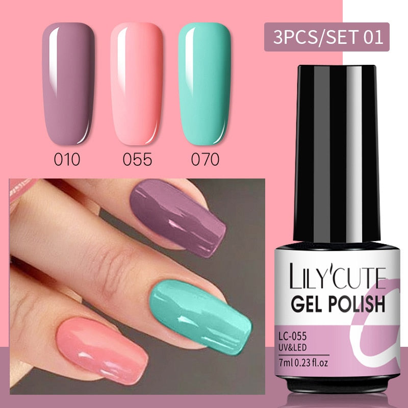 LILYCUTE 3 PCS Gel Nail Polish Set Nude Pink Glitter Sequins Matte Effect Gel Long Lasting Base Top Coat Nail Art Design Hybrid