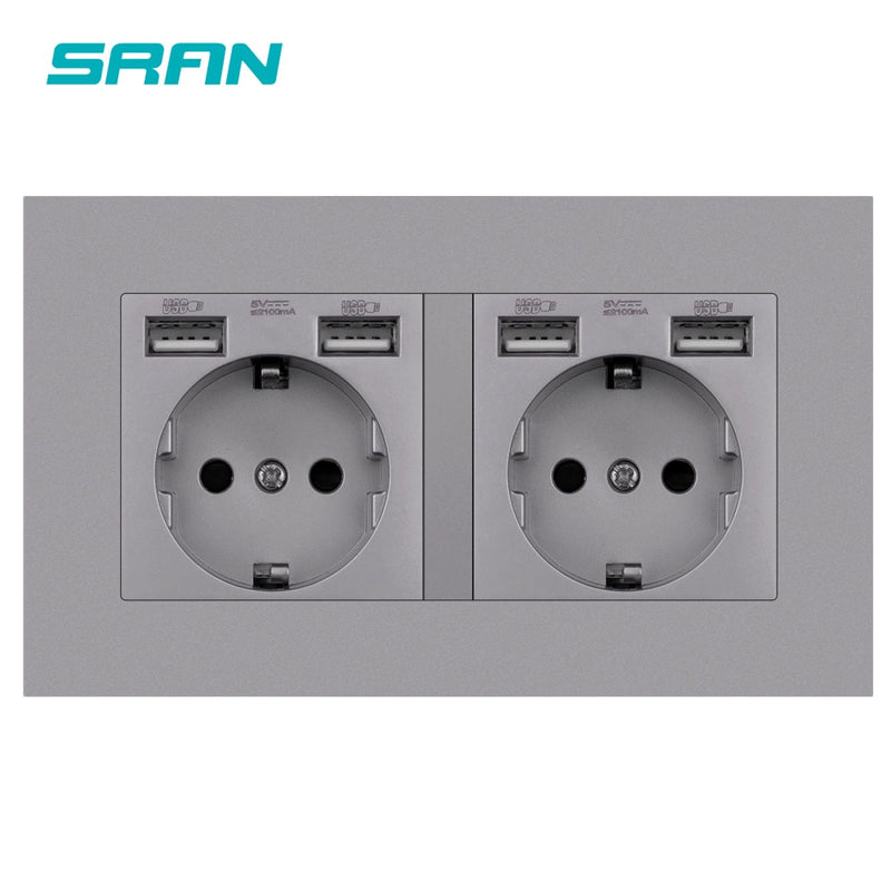 SRAN eu 2gang Power socket,16A electrical plug grounded Hide LED indicator,double Socket with USB, 146*86mm pc panel wall socket