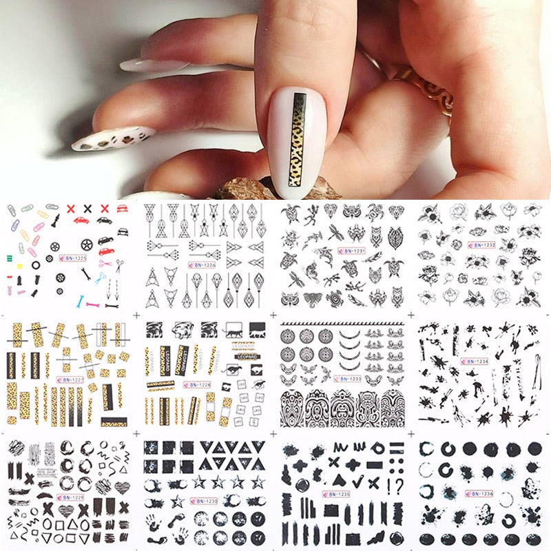 12 Designs Nail Stickers Set Mixed Floral Geometric Nail Art Water Transfer Decals Sliders Flower Leaves Manicures Decoration