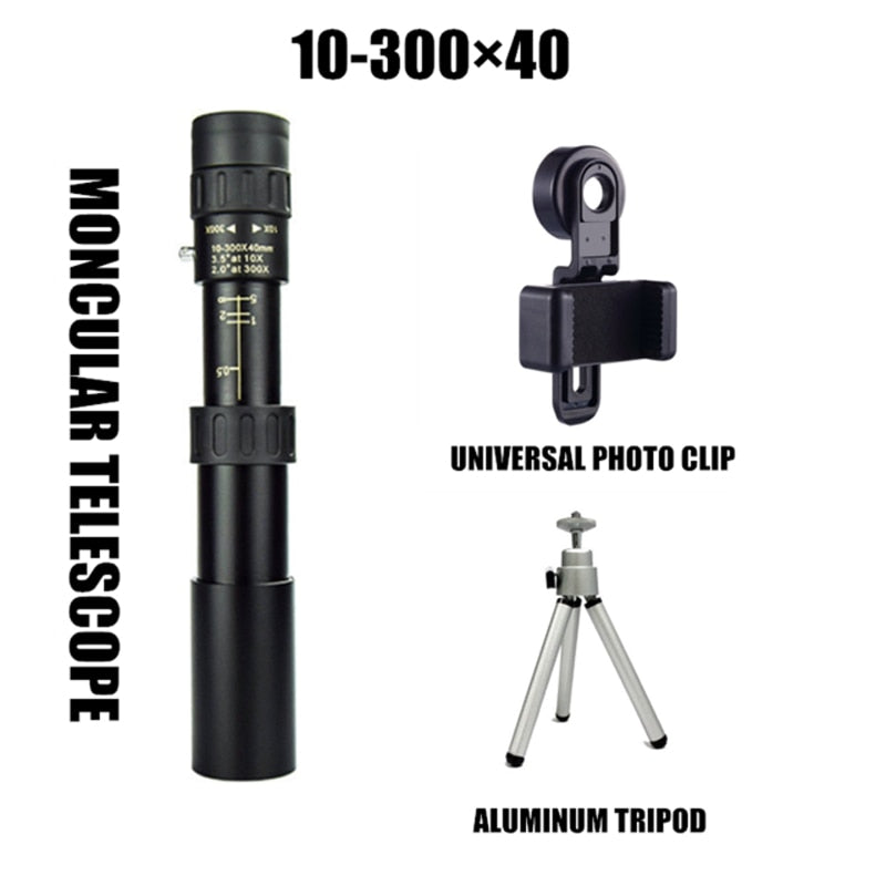 10-300x40 Metal Monocular HD Zoom Telescope Portable Telescope Powerful Binoculars with Tripod&amp;Phone Holder for Camping Travel