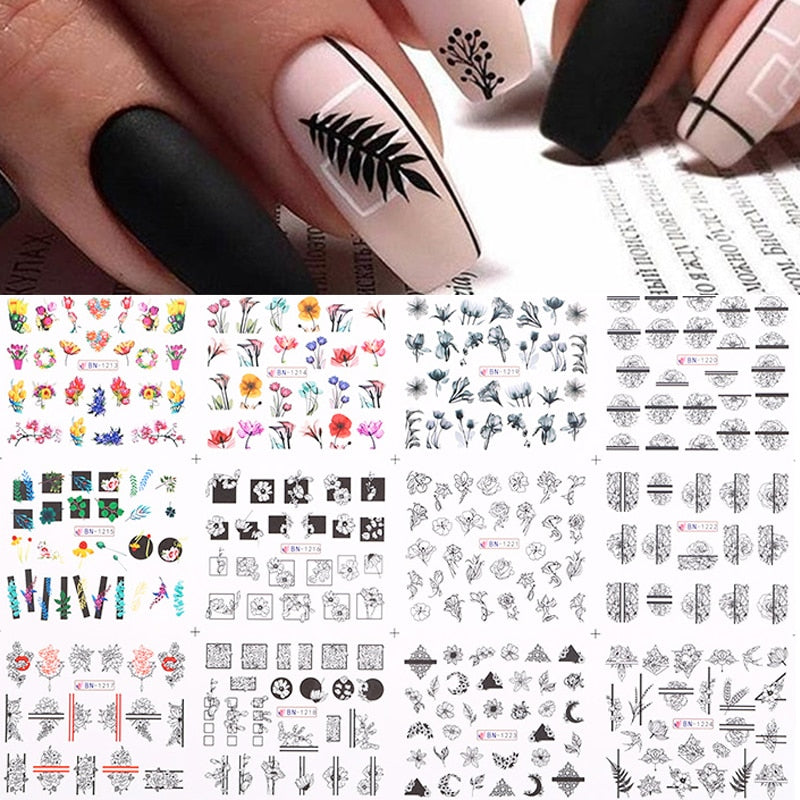12 Designs Nail Stickers Set Mixed Floral Geometric Nail Art Water Transfer Decals Sliders Flower Leaves Manicures Decoration
