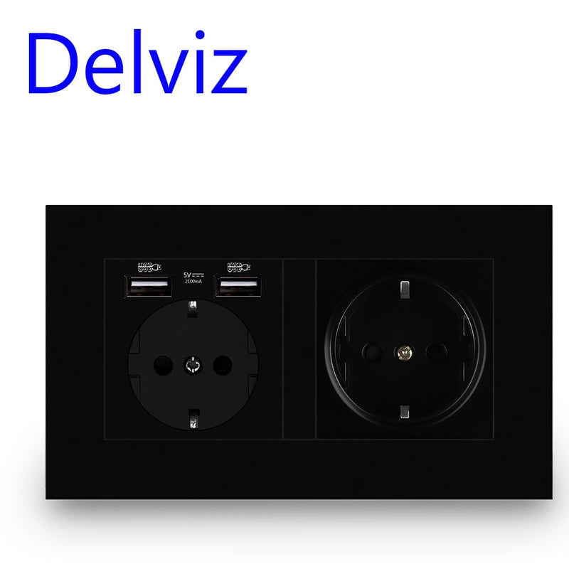 Delviz EU Standard USB socket, Double Outlet,16A Quality power panel AC 110~250V 146mm * 86mm,Double frame Wall USB Power Outlet