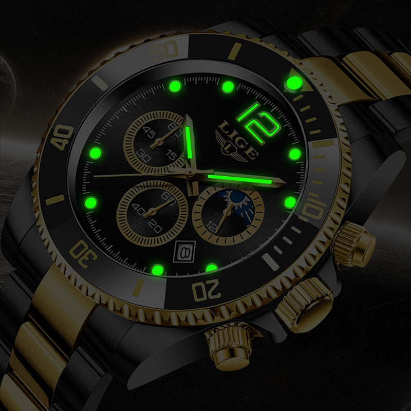 LIGE Watches Mens Top Brand Luxury Clock Casual Stainless Steel 24Hour Moon Phase Men Watch Sport Waterproof Quartz Chronograph