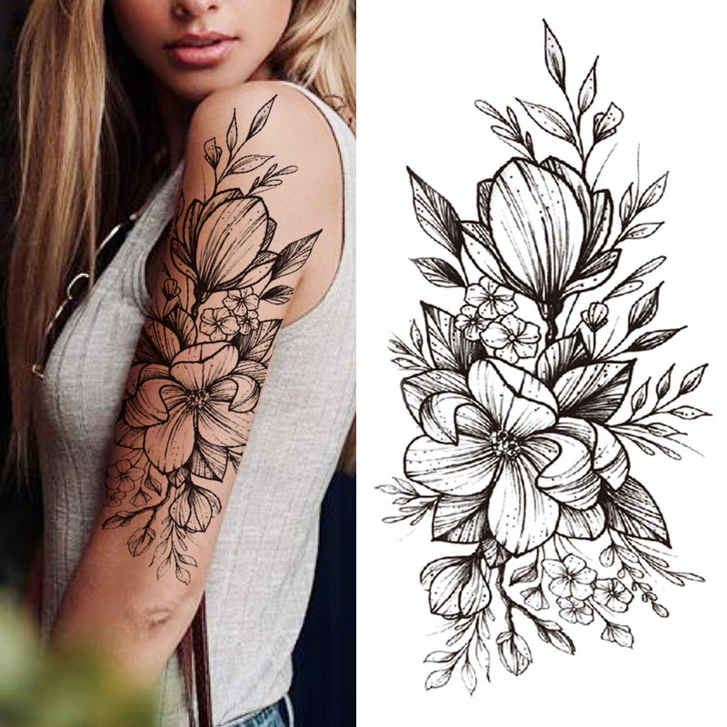 Death Skull Flower Temporary Tattoo For Women Girls Snake Bird Peony Tattoo Sticker Black Fake Blossom Sexy Tatoo Transfer Adult