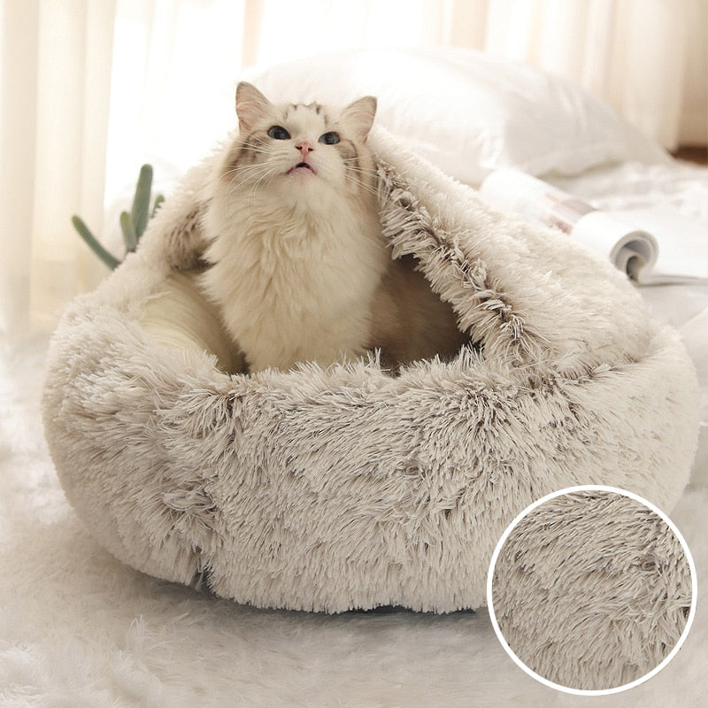 Winter Long Plush Pet Cat Bed Round Cat Cushion Cat House 2 In 1 Warm Cat Basket Cat Sleep Bag Cat Nest Kennel For Small Dog Cat
