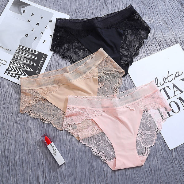 3Pcs/Lot Lace Women&#39;s Panties Sets Ice Silk Seamless Underwear Female Transparent  Briefs Mid-Rise Lady Panty Woman Lingerie
