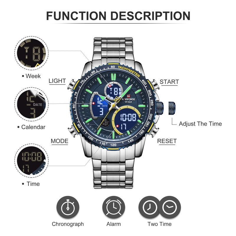 NAVIFORCE Men Watch Luxury Brand Sport Watch For Men Digital Chronograph Quartz Wristwatch Military Waterproof Steel Band Clock
