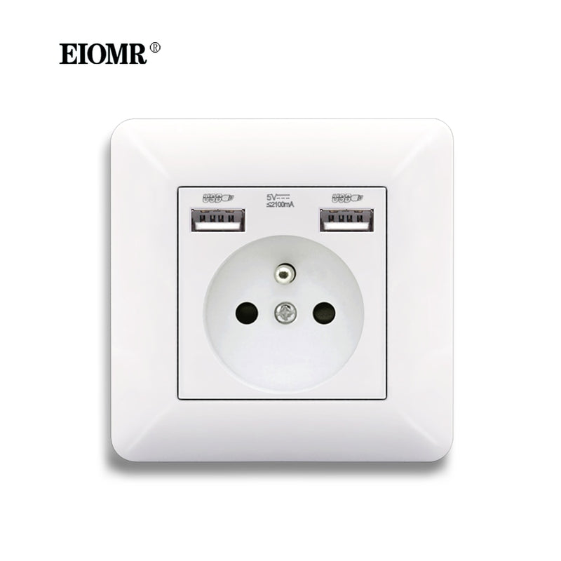 EOMR Wall USB Power Socket 5V 2.1A EU France Belgium Electrical Socket 16A Dual USB Plug IOS Android Phone Charging Ports Socket