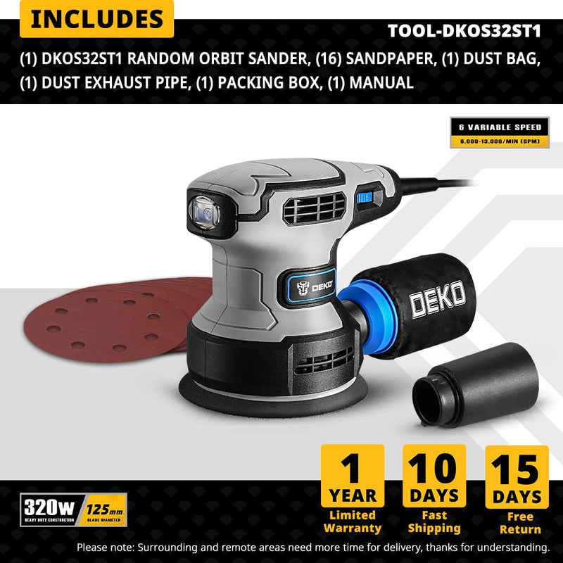 DEKO 280W/320W/350W Random Orbit Sander with 8 Hole 125mm Sandpaper and Variable Speed Sander Power Tools (DKSD28Q1)