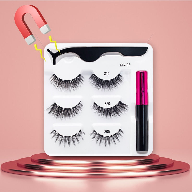 3Pairs Magnetic Lashes 3D Mink Eyelashes Wholesale Fake Eyelashes Magnetic Eyeliner With Tweezer Makeup Set For Beauty Faux Cils