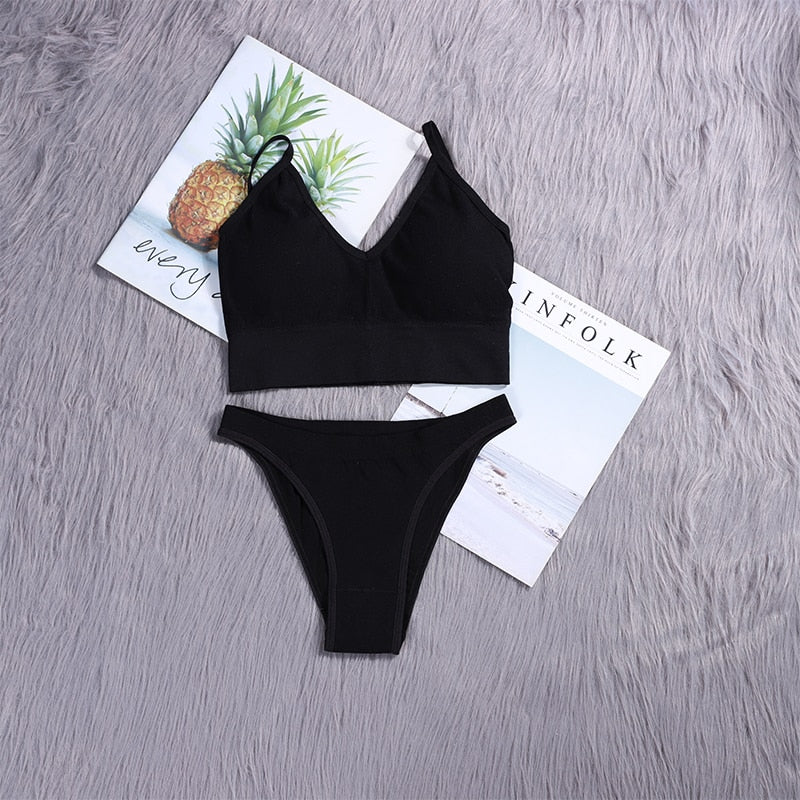 ATHVOTAR 2PCS Bra Sets Seamless Underwear Set Ribbed Bra Top Low-Waist Women Panties Female Bralette Lingerie New