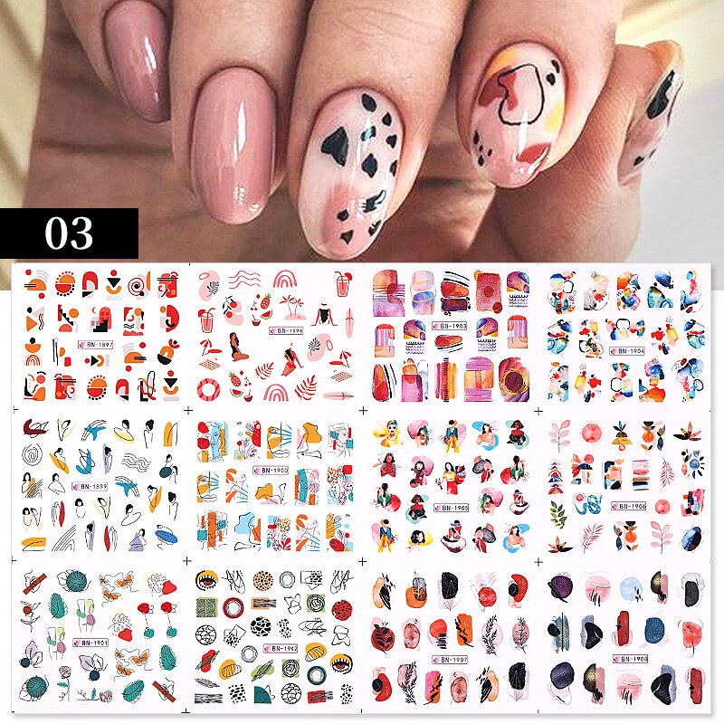 12 Designs Nail Stickers Set Mixed Floral Geometric Nail Art Water Transfer Decals Sliders Flower Leaves Manicures Decoration